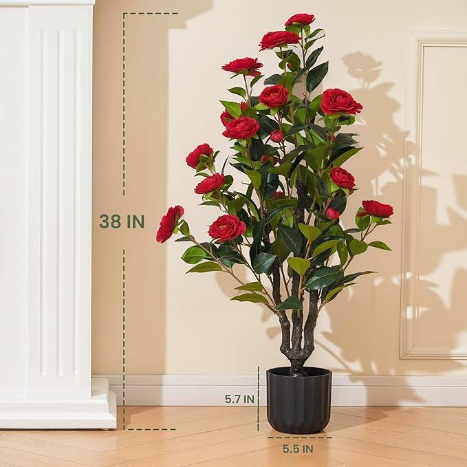 3.2FT Artificial Camellia Trees, Red Silk Flowers, Indoor Faux Plants with Realistic Trunk in Black Cement Pots for Home House Living Room Bedroom Office Decor, 2pcs