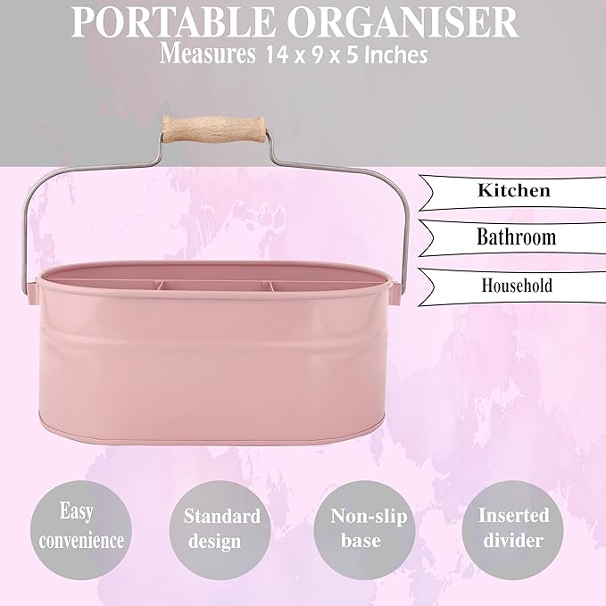 Alpha Living Home Farmhouse Utensil Caddy - 4 Compartment Silverware & Kitchen Organizer with Sturdy Wooden Handle, Heavy Duty Metal Alloy Utensil Holder Durable Powder-Coated Finish (Pink)