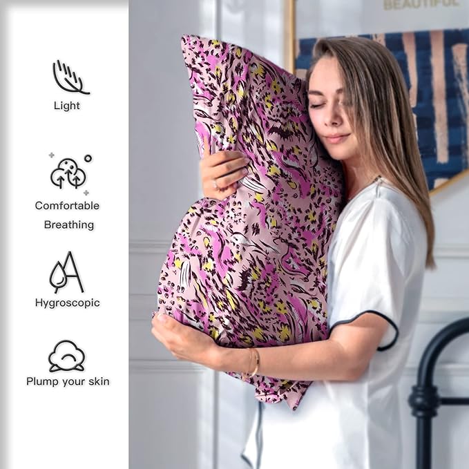 Mulberry Silk Pillowcase for Hair and Skin King Size Leopard Print Silk Pillow Cases with Zipper Soft Breathable Smooth Cooling Silk Pillow Covers for Sleeping (Pink Paint,20"X 36",1Pcs)