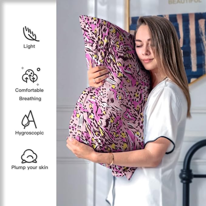 Mulberry Silk Pillowcase for Hair and Skin Queen Size Leopard Print Silk Pillow Cases with Zipper Soft Breathable Smooth Cooling Silk Pillow Covers for Sleeping (Pink Paint,20"X 30",1Pcs)