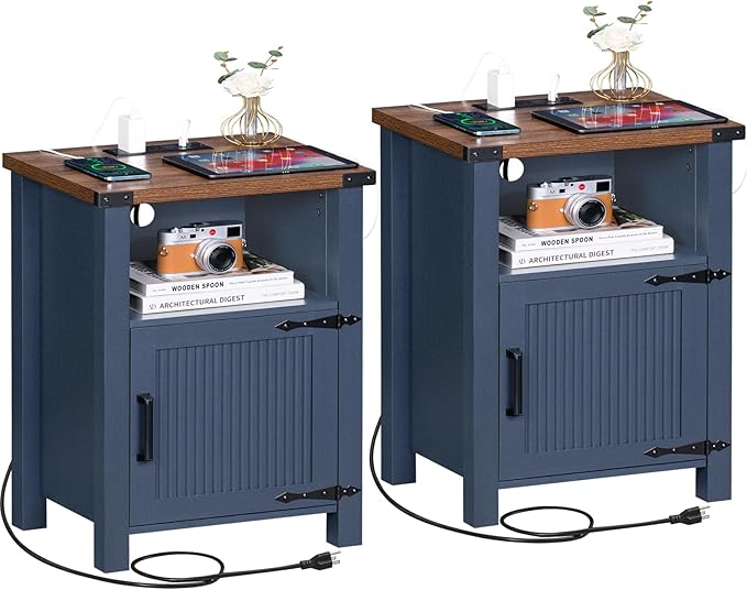 Night Stand Set of 2, 18 Inch Farmhouse Nightstand with with Charging Station and USB Port, Rustic Couch End Table with Magnetic Door, Wood Bed Side Tables for Bedroom, Home, Navy Blue