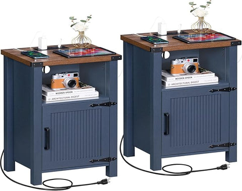 Night Stand Set of 2, 18 Inch Farmhouse Nightstand with with Charging Station and USB Port, Rustic Couch End Table with Magnetic Door, Wood Bed Side Tables for Bedroom, Home, Navy Blue