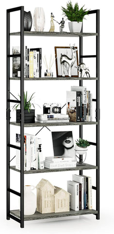 NUMENN 5 Tier Bookshelf, Tall Bookcase Shelf Storage Organizer, Modern Book Shelf for Bedroom, Living Room and Home Office, Dark Grey