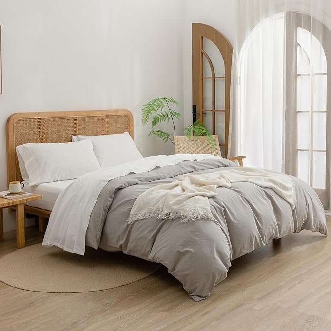 BESTOUCH Sheet Set 100% Washed Cotton Linen Feel Super Soft Comfortable Chic Lightweight 4 Pcs Home Bedding Set Solid Off White Full
