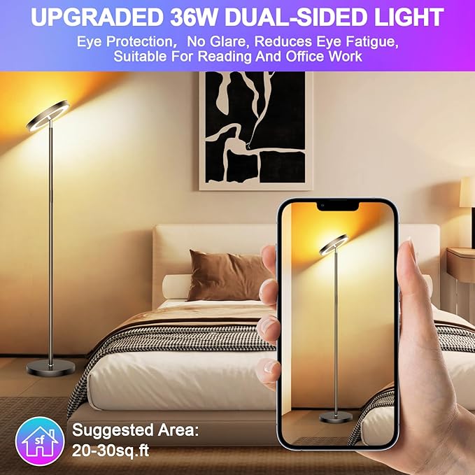 Smart RGB Floor Lamps for Living Room, 36W/3000LM Bright LED Standing Lamp with App & Remote Control, Modern Color Changing Tall Lamp with Stepless Dimming, Torchiere Corner Floor Lamp for Bedroom