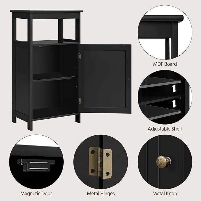 Yaheetech 4-Tier Bathroom Floor Storage Cabinet, Bathroom Free Standing Storage Organizer with Single Door and Adjustable Shelf, Narrow Side Cabinet for Living Room, Kitchen, Hallway, Black