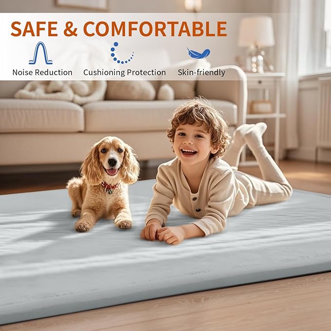 ACOMOPACK Baby Play Mat for Floor,1.3" Thick Memory Foam Area Rug for Living Room,Soft Velvet Crawling with Non-Slip Bottom for Kid,Toddler,39"×59" Tummy Time Nursery Rugs,Yoga（Light Grey）