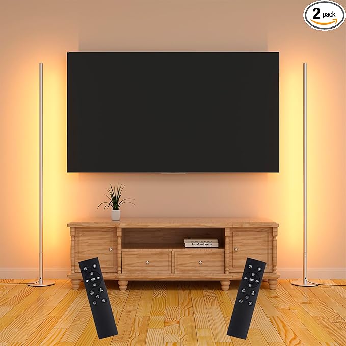 Marlrin Minimalist Corner Floor Lamp 2-Pack, 2700K-6500K Dimmable with Remote Control, 57.8" Metal Slim Ambient Standing LED Light, Modern Design Decorative Lamp for Living Room Bedroom (Silver)