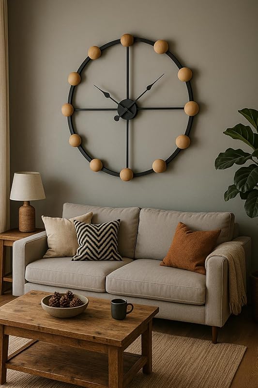 Large Modern Wall Clock – Black Metal Frame with Wooden Spheres – Minimalist Industrial Design – Silent Non-Ticking – Unique Wall Art for Living Room or Office (28 Inch / 70 cm)
