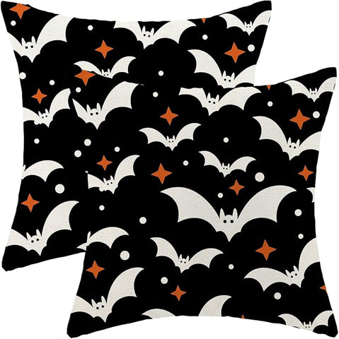 Halloween Pillow Covers 18x18 Pack of 2 Black Beige Bat Throw Pillow Covers Outdoor Decor,Autumn Halloween Decoration Black Pillowcase Farmhouse Linen Decorative Cushion Case for Sofa Couch