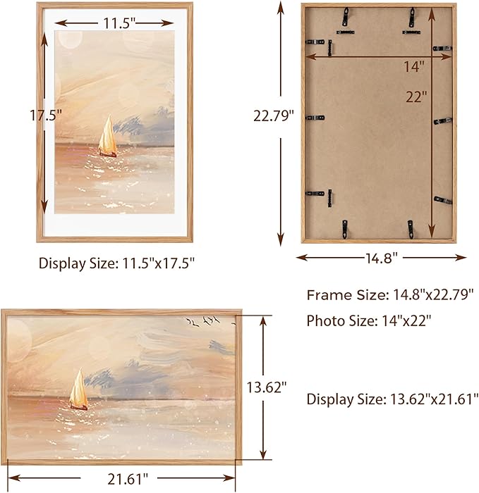 14x22 Oak Wood Picture Frame, 14"x22" Picture Frame Matted to 12"x18", Photo Frame 14 x 22 with Real Glass, 14x22 Wood Frame for Vertical or Horizontal Hanging (Natural Oak Color, 1 Pack)