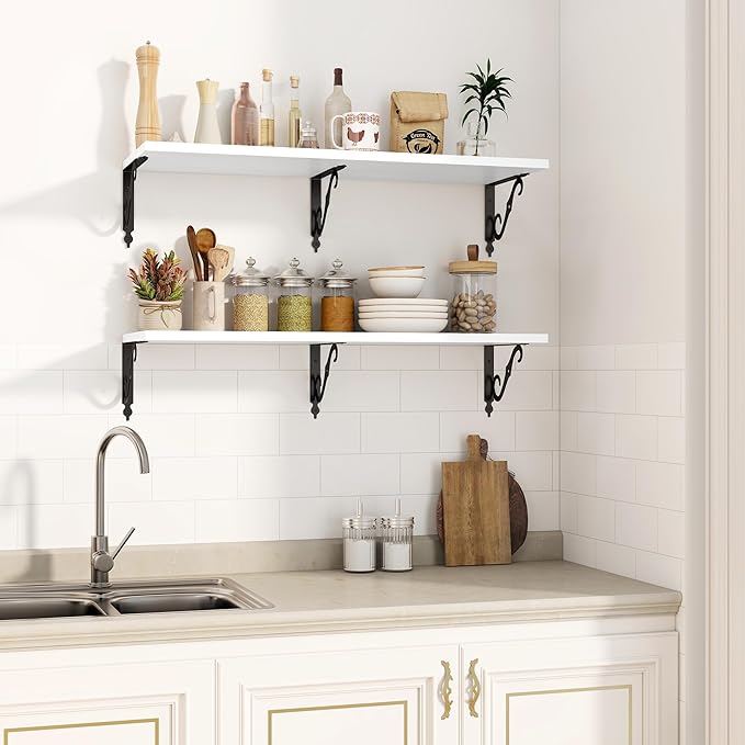 36 Inches Floating Shelves, Rustic Long Wall Shelves, 12 Inch Deep Book Shelf Wall Mounted with Bracket, Wide Display & Storage Shelves for Living Room, Bathroom, Bedroom, White, Set of 2