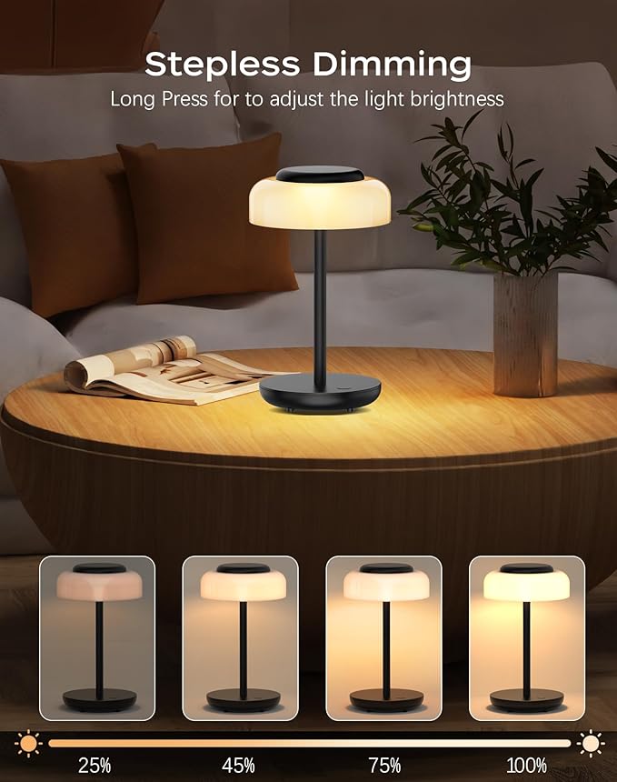 QiMH Battery Operated LED Table Lamp, 5000mAh Rechargeable Cordless Lamp Set of 2, Stepless Dimmable Touch Control, Small Waterproof Desk Night Light for Living Room, Bedroom, Outdoor Bar (Black)
