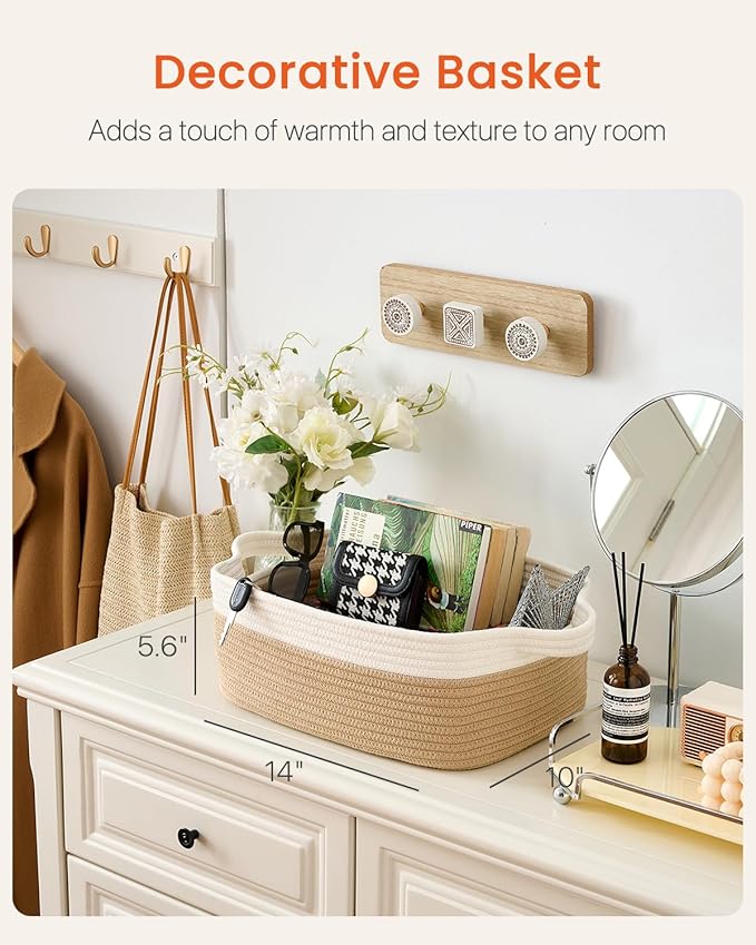 KALLAX Small Woven Basket, 14 x 10 x 5.6 Inches, Small Storage Baskets for Organizing, Gift Baskets Empty, Cute Rope Shelf Closet Storage Bins for Shelves, Dog Toy Basket, White & Brown