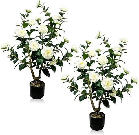 Tall Artificial 2Pack White Camellia Tree Potted Bushes UV Resistant Potted Plants for Indoor Outdoor Home Garden (2Pack White Camellia Tree)