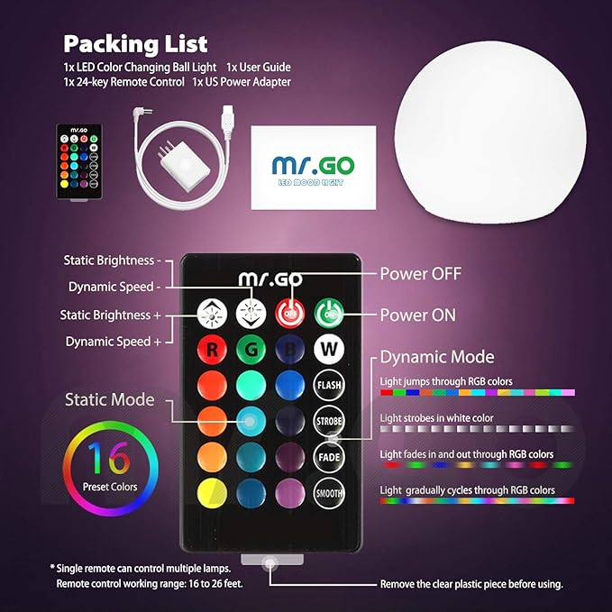 Mr.Go 20-inch Rechargeable LED Ball Light, Waterproof Outdoor Globe Lights w/Remote, 16 RGB Color Changing Glowing Orb, 4400mAh Dimmable Globe Floor Lamp for Home Garden Patio Lawn Pool Party Decor