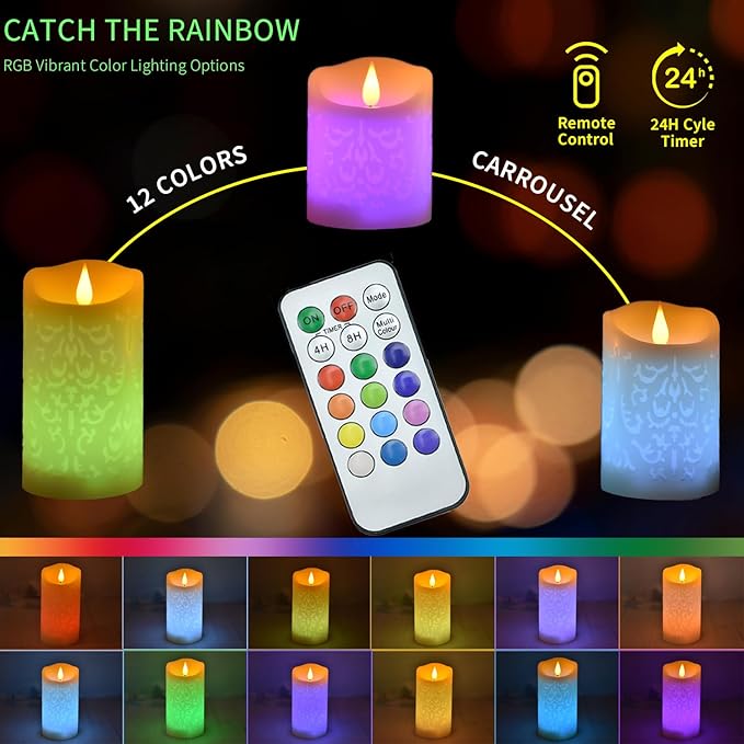 NICEME 3PCS LED Multi Colored Flameless Candles with Remote Control Timer Color Changing Candles Realistic Wax Battery Operated Candles with Flickering Flame, D3 x H4 5" 6"