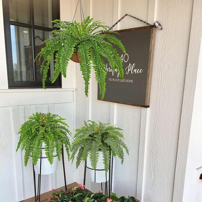 Fake Hanging Plants Large Boston Fern Artificial Plants Outdoor Realistic Fake Ferns with Palm Basket Silk Plants Ferns Hanging Plant Artificial Decor for Home Front Porch Window Garden - Green