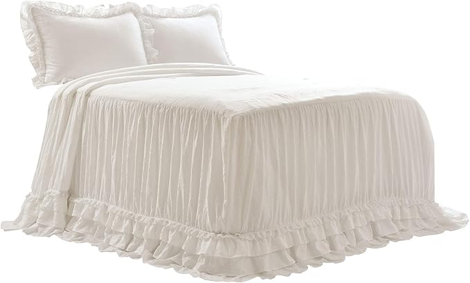 Lush Decor Ella Vintage Chic Ruffle Lace Bedspread White Farmhouse Style Lightweight 3 Piece Set, King