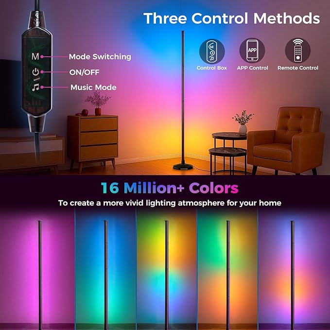 DomeStar RGB Corner Floor Lamp with Remote and App Control, Color Changing Smart Light with Music Sync Mode - Modern Mood Lighting for Bedroom, Living Room, Gaming Setup and Aesthetic Room Decor