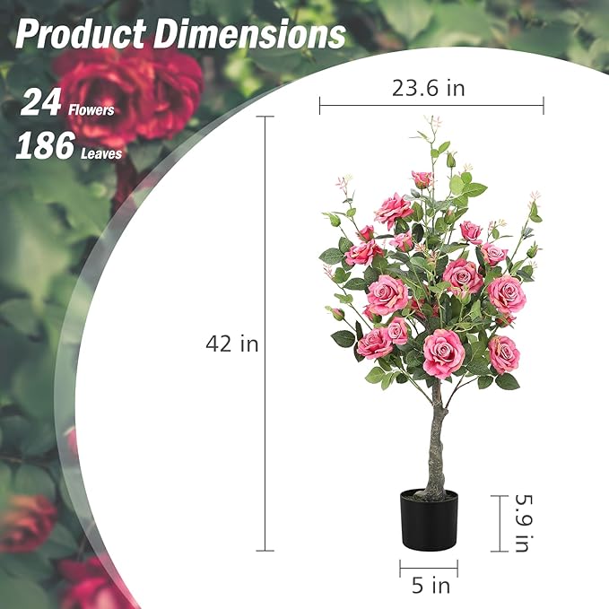Romantic season 2Pack Artificial Rose Flower Trees, 42Inch Pink Faux Rose Tree with Green Leaves for Living Room Office Home Outdoor Indoor Decor