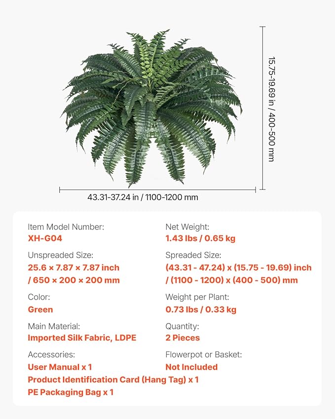 VEVOR Artificial Ferns 2 Pcs, 47 Inch Large Artificial Boston Ferns Plants, Faux Fern with 50 Branches, Artificial Plants Large for Outdoors/Indoor Home, Office,Garden (Flowerpot Unincluded)