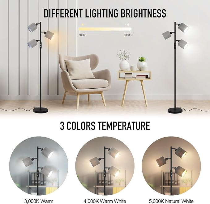 BoostArea Floor Lamps for Living Room, 3 Color Temperature, 3-Light Tree Standing Lamp, Minimalist Floor Lamp with Grey Lamp Shades Modern Pole Lamp for Bedroom Office Kids Room, Black (5W LED Bulbs)