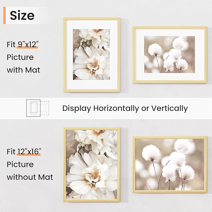 12x16 inch Picture Frame, 12x16 Photo Frames with 8.5x11 Removable Mat - High Definition Plexiglass - Vertical and Horizontal Display - Wall Hanging Frame - Gold, 5 Pack
