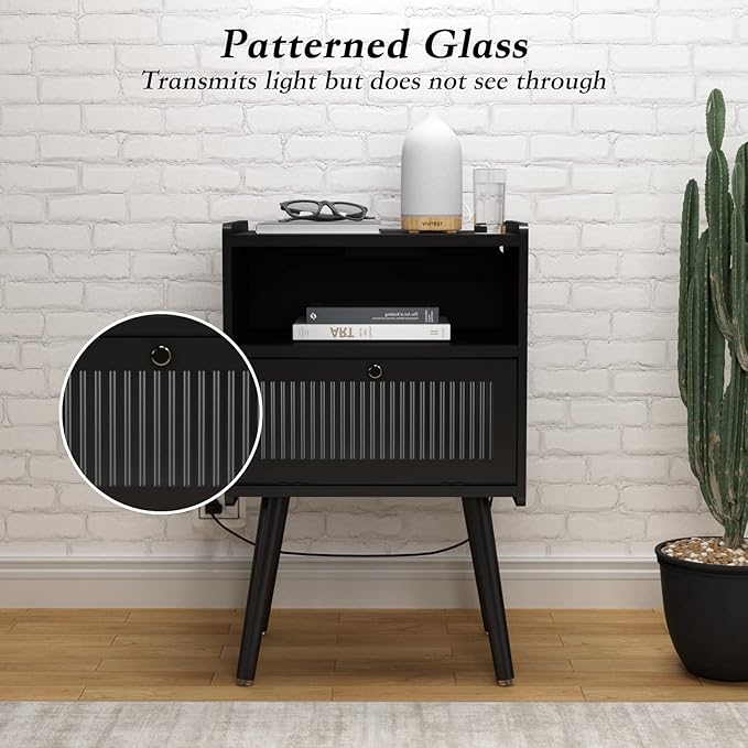 Mid Century Modern Nightstand with Charging Station, Bedside Tables with Glass Decorative Door, End Table Side Table with 2 Tiers Storage Space, for Bedroom, Living Room, Black