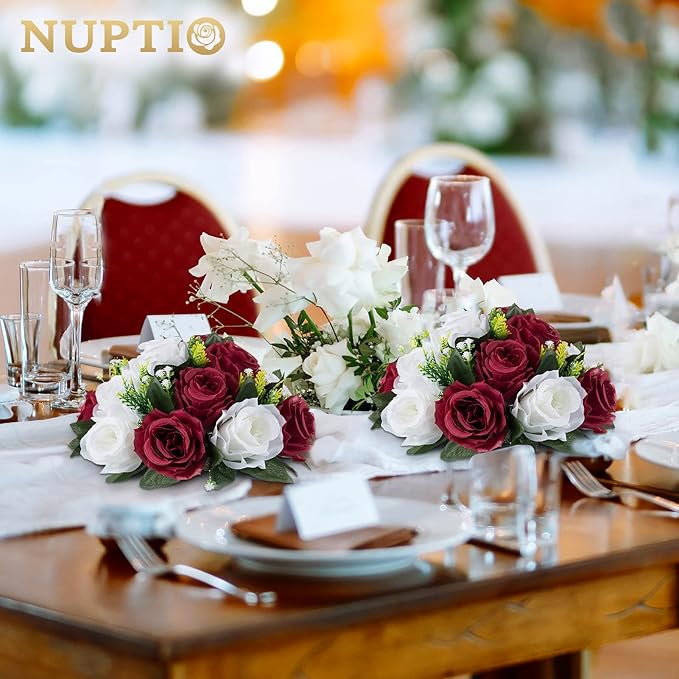 NUPTIO Flower Wedding Centrepieces for Tables - 6 Pcs 9.5in Diameter Burgundy & White Artificial Flowers Rose Ball for Centerpieces Table - Fake Rose Arrangements for Weddings Birthday Party Decor