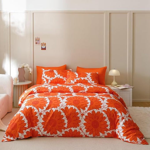 CLOTHKNOW Sunflower Comforter Set Full Orange Whtie Bedding Comforter Sets Rust Flower Comforter Botanical Comforter Sets Women Girls Boho Lightweight