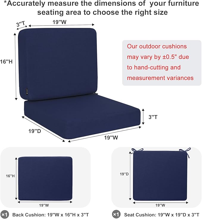 Favoyard Outdoor Deep Seat Cushion Set, 19 x 19 Inch Rainproof & 3-Year Fade Resistant Patio Furniture Cushions, Removable Seat Bottom & Back Cushion Covers with Ties for Chair, Sofa, Couch, Blue