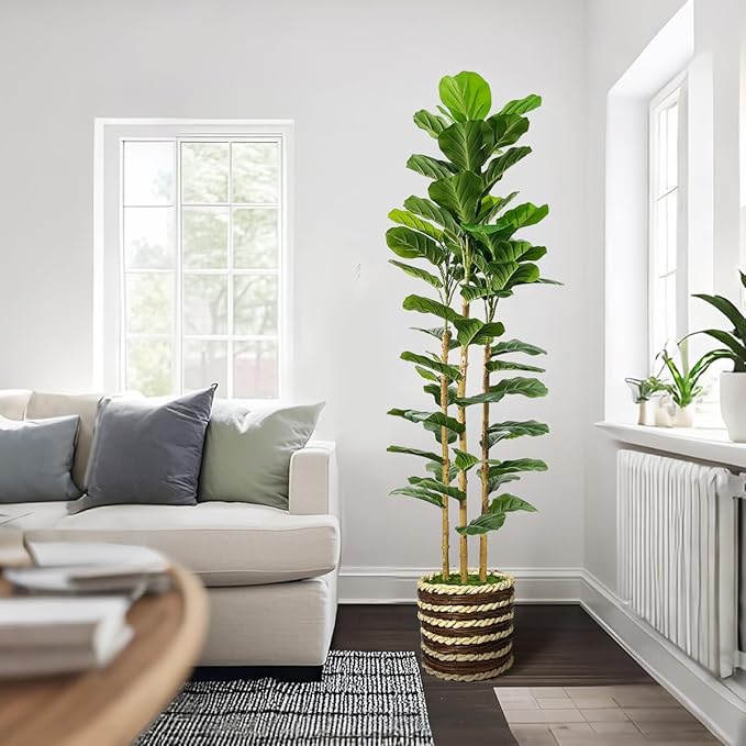 Artificial Fiddle Leaf Fig Tree Indoor with Woven Basket - 5ft Tall Fake Tree with Real-Wood Trunk,Faux Plants for Living Rooms, Offices, Kitchens & Outdoor Spaces (Round Basket)