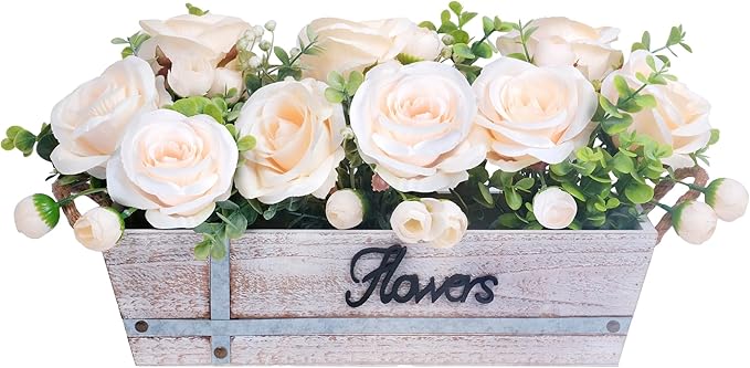Centerpiece Table Decorations Rustic Wood Tray with 3 Artificial Champagne Rose Flowers and Fake Eucalyptus for Dining Room Farmhouse Living Room Kitchen and Coffee Table Décor