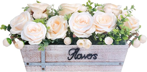 Centerpiece Table Decorations Rustic Wood Tray with 3 Artificial Champagne Rose Flowers and Fake Eucalyptus for Dining Room Farmhouse Living Room Kitchen and Coffee Table Décor