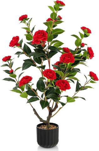 Goplus 38’’ Artificial Camellia Tree, Flower Plants Artificial Tree, Faux Floral Plant Blooming Tree in Cement Pot, Greenery Potted Plant for Indoor Outdoor Office Home Porch Decor