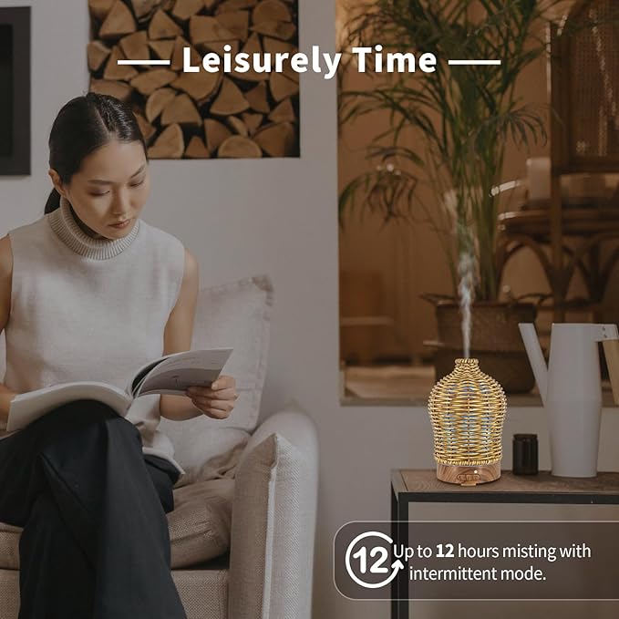 Essential Oil Diffuser - Multifunction Aromatherapy Diffuser 7 LED Color Changing Light 150ML Rattan Diffuser Easy to Clean Suitable for Home,Office（Brown）