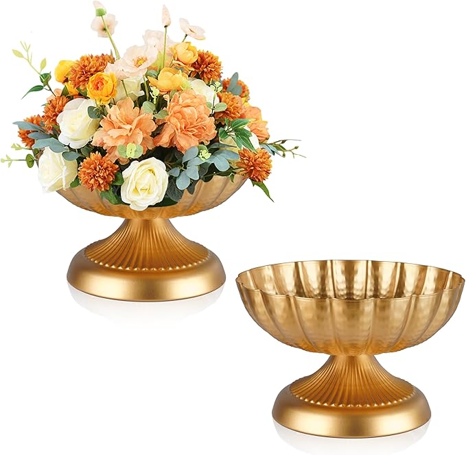 Compote Bowl Vases for Centerpieces Urn Vase, Metal Small Pedestal VaSe Gold Pot, Flower Arrangement for Wedding Anniversary Party Home Decor, 2Pcs