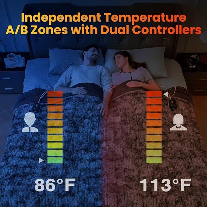WOOMER Heated Blanket Queen Size, Dual Control, Electric Blanket 84"x 90", Double-Sided Faux Fur&Sherpa, Overheat Protection, 10 Heating Levels & 12H Auto Off, CPF, Home Office