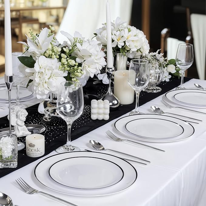 LIYH 60 Pcs White Plastic Plates Disposable for Party Black Plastic Disposable Heavy Duty Party Wedding Plates Including 30 Dinner Plate 10.25” & 30 Dessert Plate 7.5"