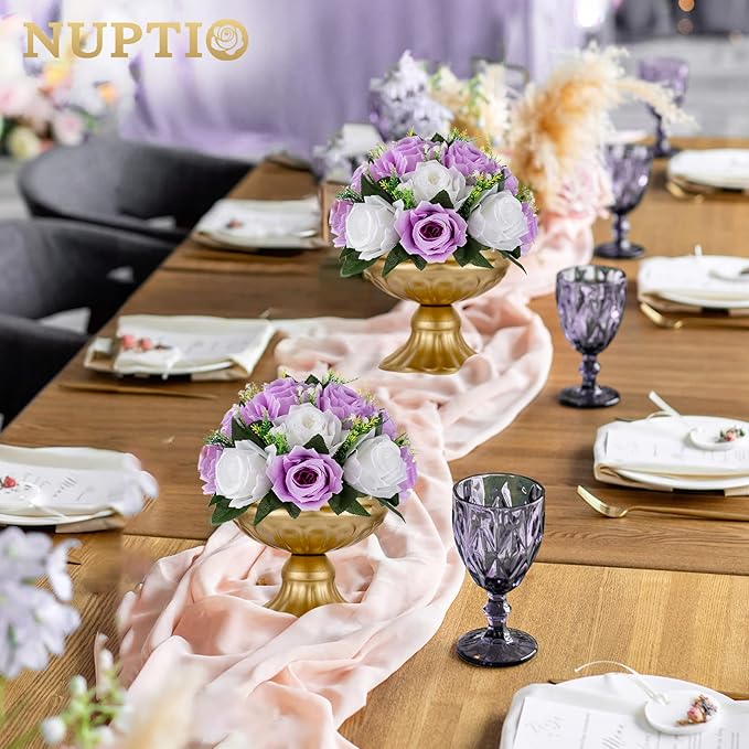 NUPTIO Flower Wedding Centrepieces for Tables - 10 Pcs 9.5in Diameter Lilac & White Artificial Flowers Rose Ball for Centerpieces Table - Fake Rose Arrangements for Weddings Birthday Party Decor