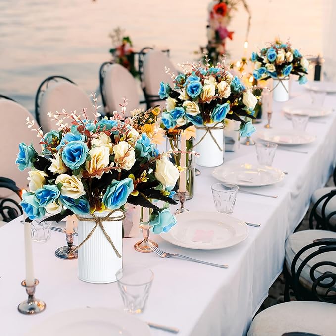 Domensi 12 Sets Wedding Centerpiece for Table Artificial Rose with Vase Fake Bouquets and Metal Pot Floral Arrangements for Holiday Party Event Table Decor (Teal)