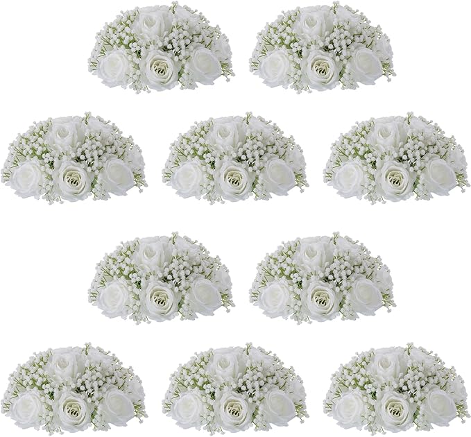 NUPTIO Babys Breath Artificial Flowers: 10 Pcs 8.6 inch Diameter White Rose Ball Fake Arrangement Bouquet for Wedding Centerpiece Event Party Tables Decorations