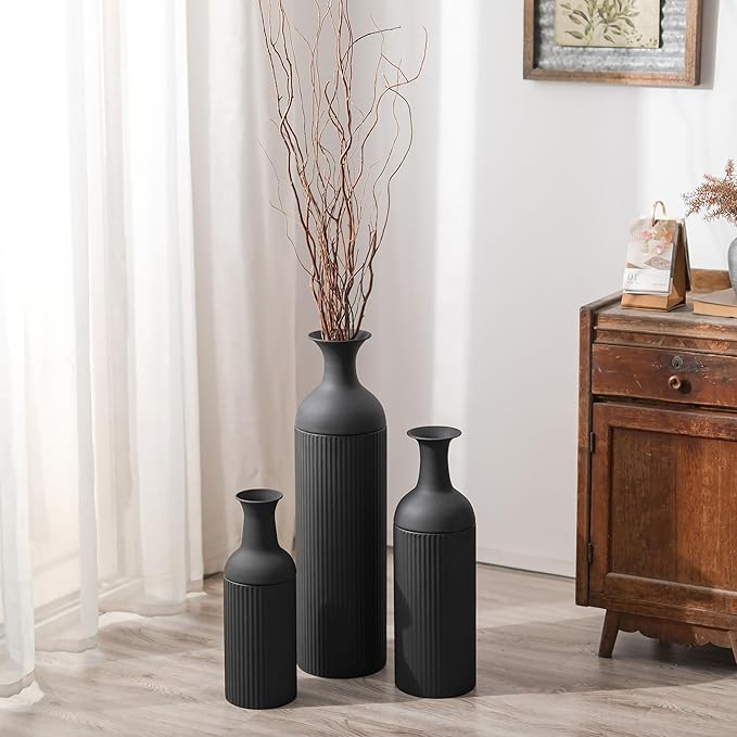 Sziqiqi Black Tall Ribbed Modern Metal Vase Trio - Large 27" Tall x 20" Wide x 16" Deep for Living Room, Bedroom, Kitchen, Corridor