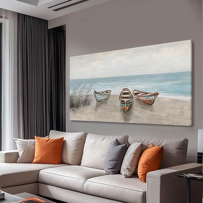 WINKAILIN Large Landscape Wall Art Blue Ocean Pictures Wall Decor Wooden Boat Painting Artwork for Walls Living room Office Home Decoration 29x58 Inch