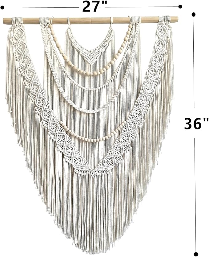 Large Macrame Wall Hanging, 27'' W x 36'' L Boho Art Tapestry Wall Decor for Urban entryway,Living Room,Bedroom Decor, headboard Woven, Big Fiber Art Over Couch (Wood Bead)