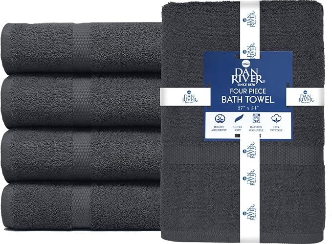 DAN RIVER Bath Towels Set of 4, 27 x 54 Inches, 100% Cotton, Larger & Lighter Weight, Quicker to Dry, Super Soft and Absorbent, Ideal Cotton Bath Towels for Daily Use, Charcoal