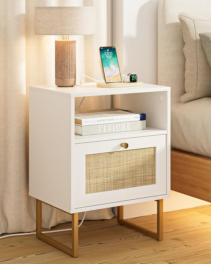 Rattan Nightstand with Charging Station, Mid Century Modern Night Stand,Boho Farmhouse Wood Bedside Table with Storage and Open Shelf, End Side Accent Table for Bedroom,Living Room,White