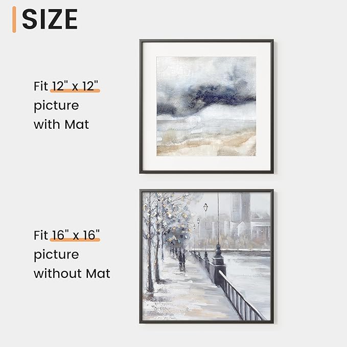 16x16 inch Metal Picture Frame - Thin Aluminum Square Photo Frames with 12x12 Removable Mat - High Definition Plexiglass - Vertical and Horizontal Display - Wall Hook Hanging Hardware Included - Black, Set of 1