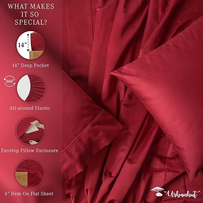 URBANHUT 700 Thread Count Egyptian Cotton Twin Sheets, 4Pc Sheet Set Soft Luxury Bed Sheets for Twin Size Bed, Sateen Weave Hotel Sheets, 14'' Elasticized Deep Pocket - Burgundy